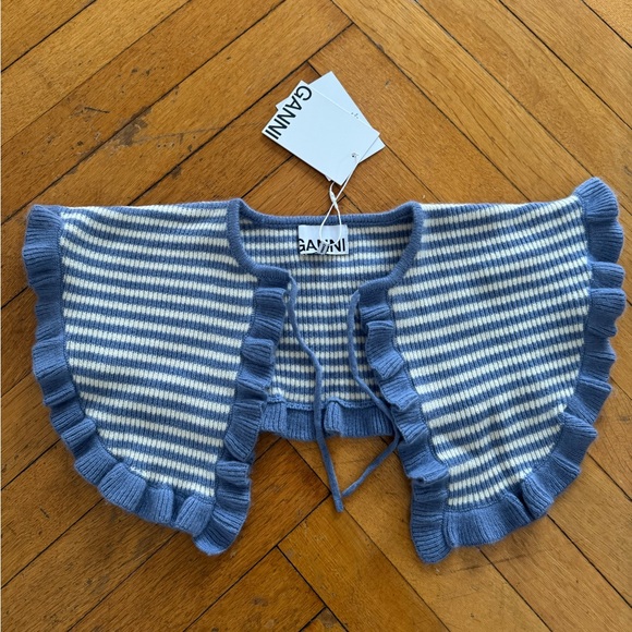 GANNI Striped Ruffled Wool & Cashmere Blend Collar NWT - Picture 2 of 10
